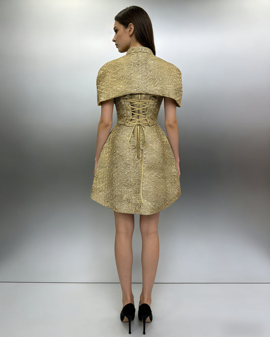 Gold Tweed Cape Fitted Mini Dress Set