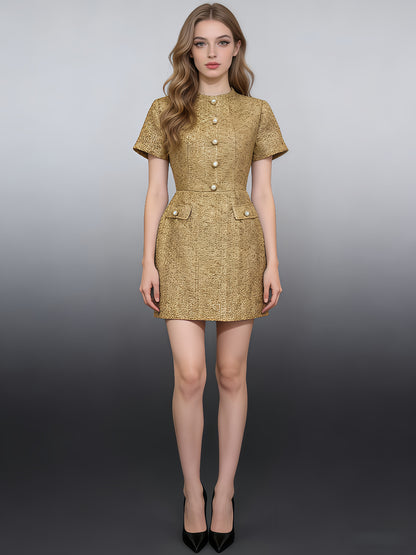 Gold Tweed Mini Dress with Pearl Gold Buttons