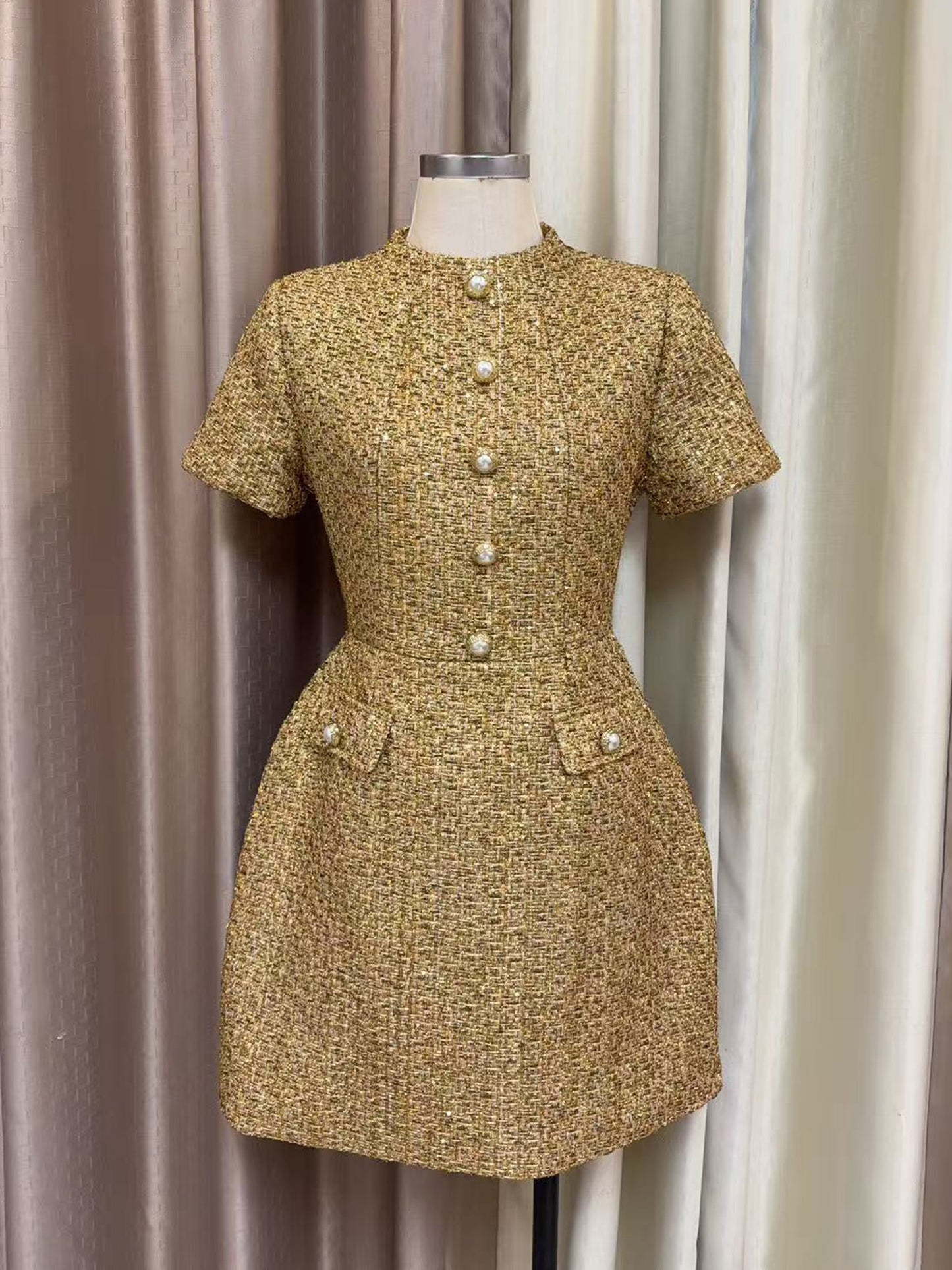 Gold Tweed Mini Dress with Pearl Gold Buttons