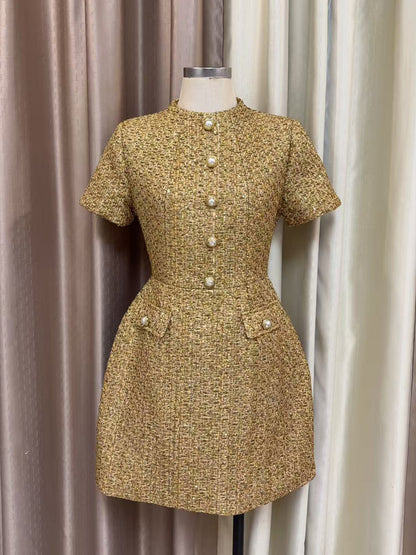 Gold Tweed Mini Dress with Pearl Gold Buttons
