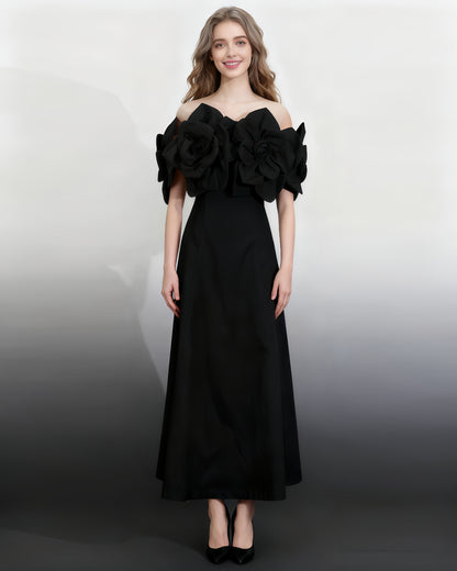 Gothic - Chic Black Off - Shoulder Floral Applique Midi Dress