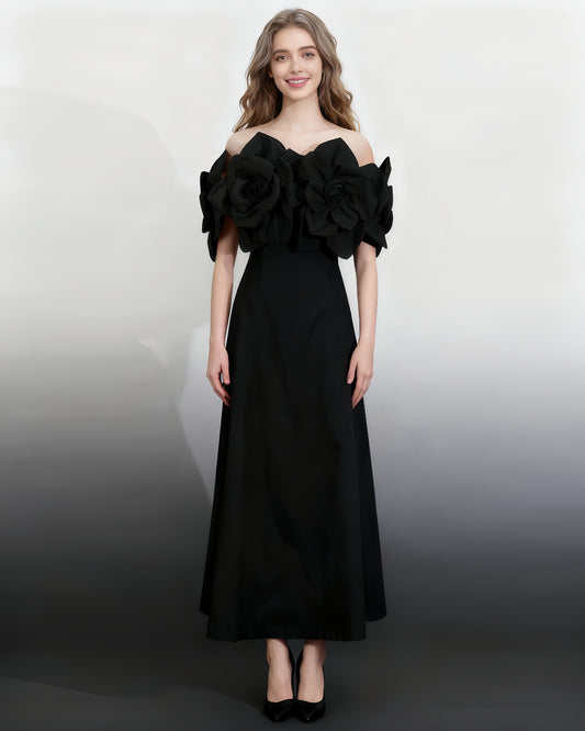 Gothic - Chic Black Off - Shoulder Floral Applique Midi Dress