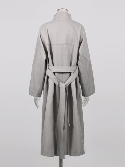 Gray Asymmetric Long Coat with Stand Collar