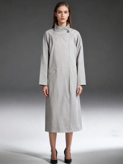 Gray Asymmetric Long Coat with Stand Collar