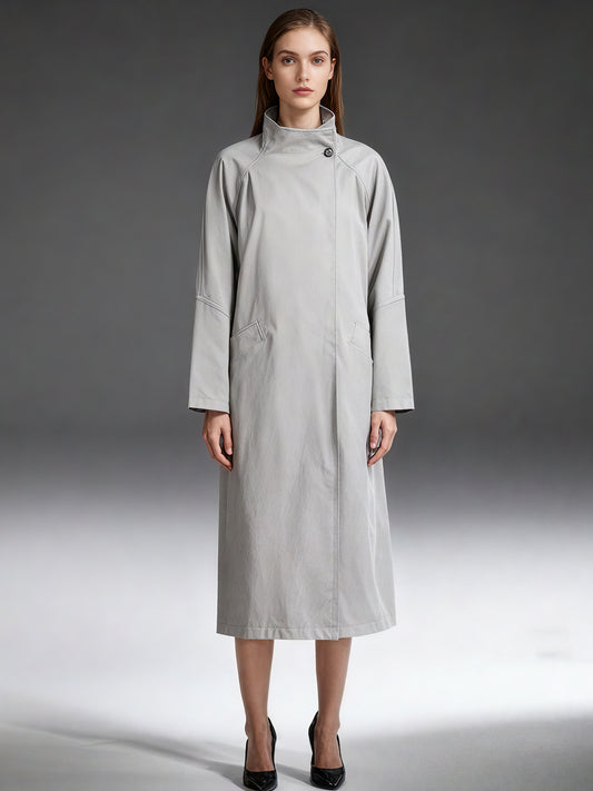Gray Asymmetric Long Coat with Stand Collar