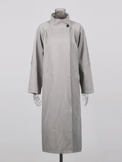 Gray Asymmetric Long Coat with Stand Collar