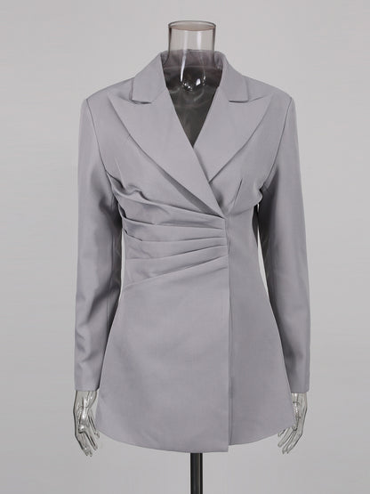 Gray Asymmetric Ruched Blazer with Lapel Collar
