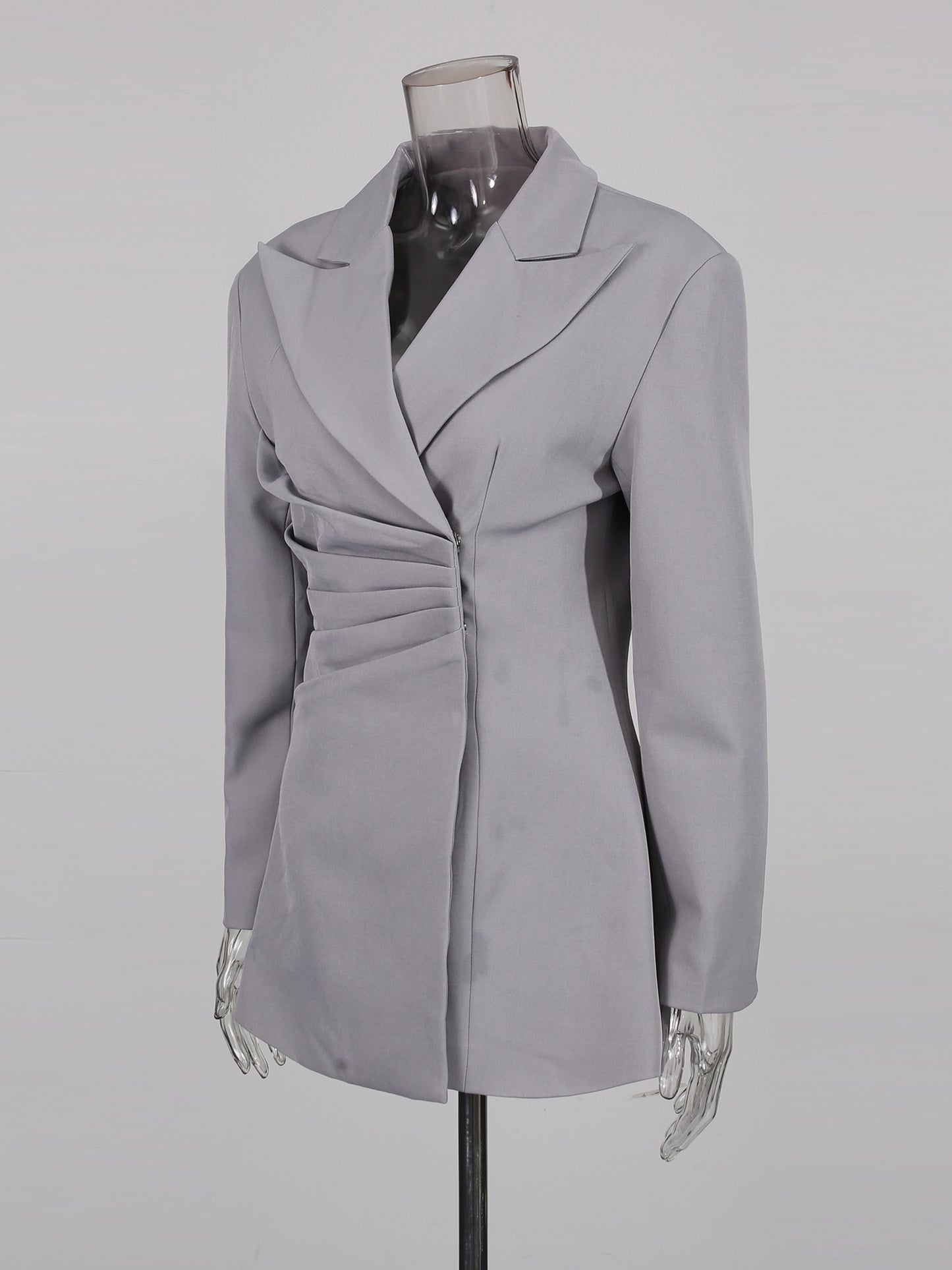 Gray Asymmetric Ruched Blazer with Lapel Collar