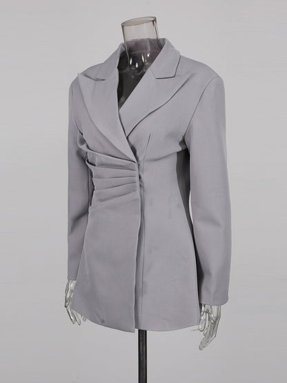 Gray Asymmetric Ruched Blazer with Lapel Collar