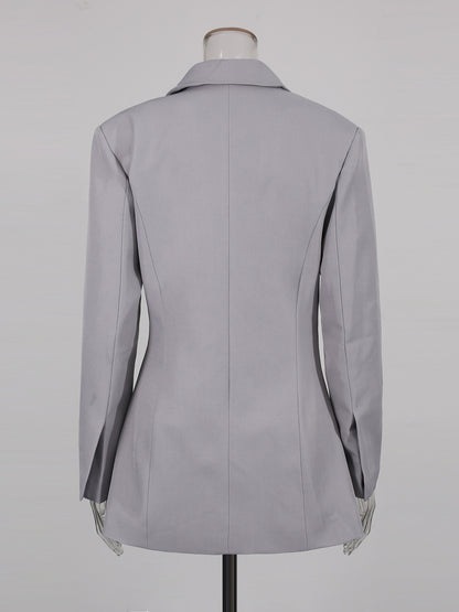 Gray Asymmetric Ruched Blazer with Lapel Collar