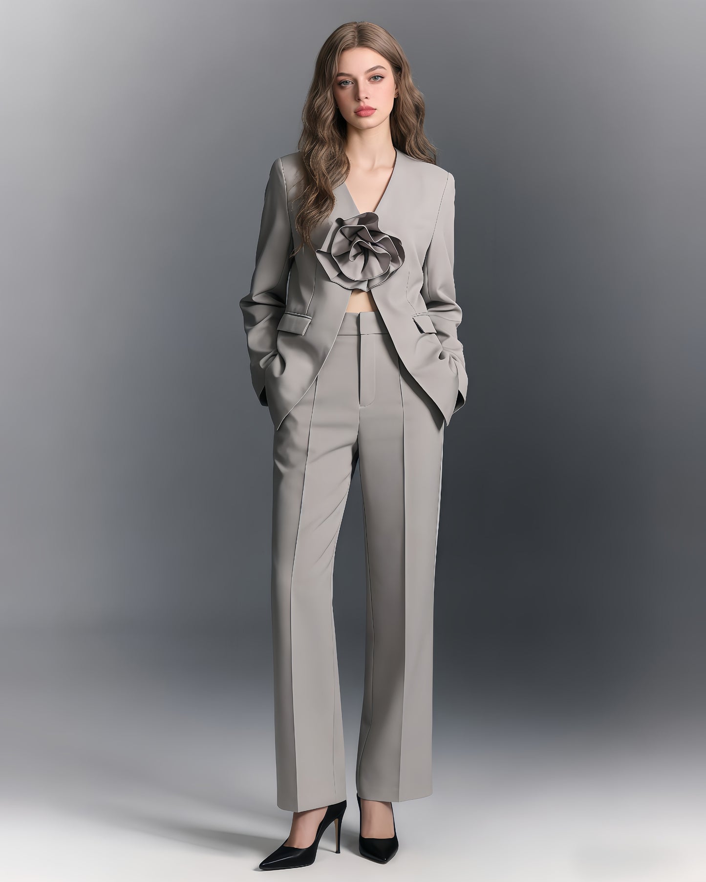 Gray Blazer with 3D Rose Accent