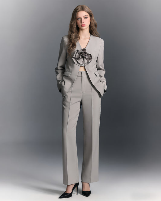 Gray Blazer with 3D Rose Accent