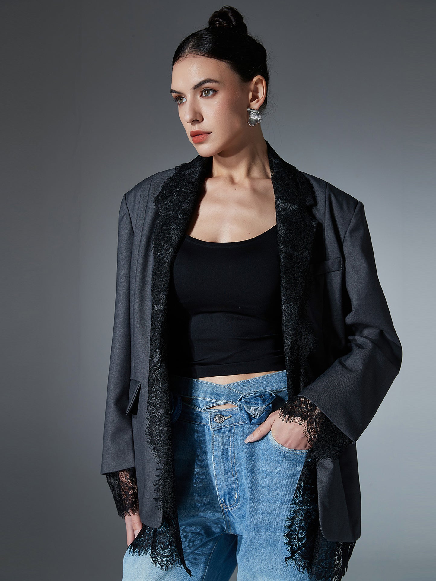 Gray Blazer with Black Lace Trim Detailing