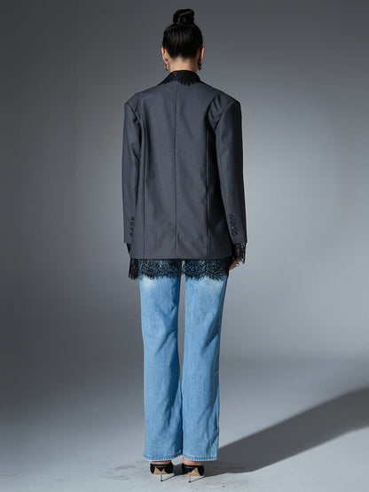 Gray Blazer with Black Lace Trim Detailing