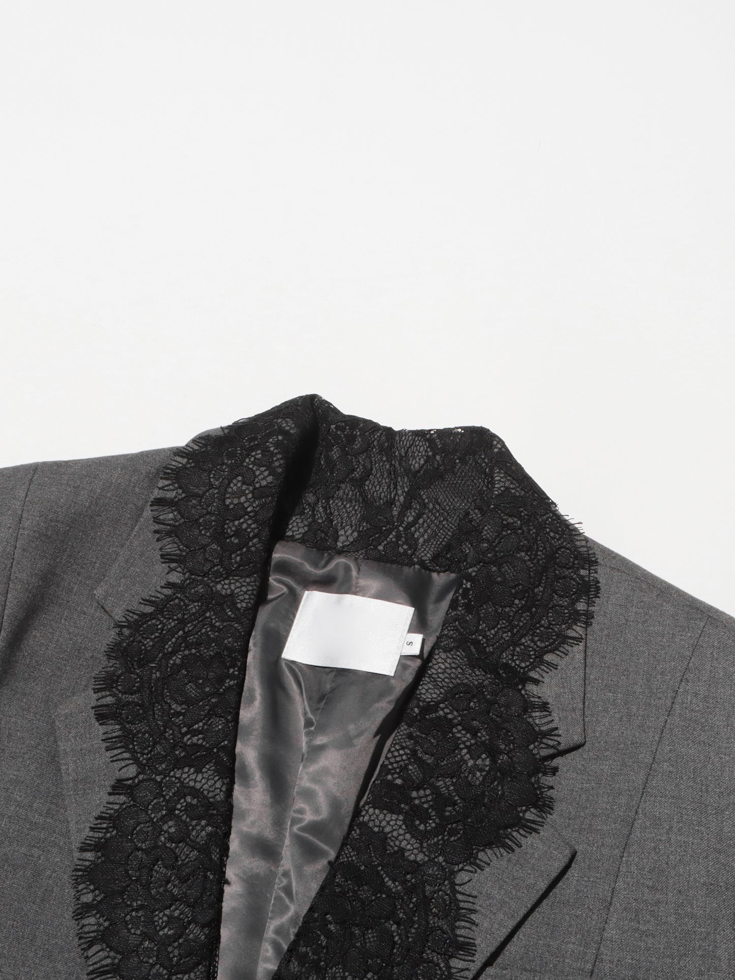 Gray Blazer with Black Lace Trim Detailing