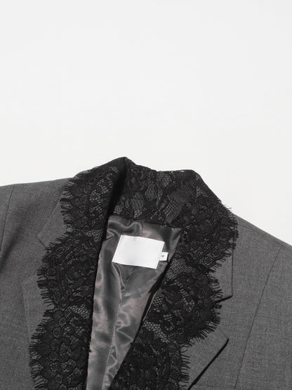 Gray Blazer with Black Lace Trim Detailing