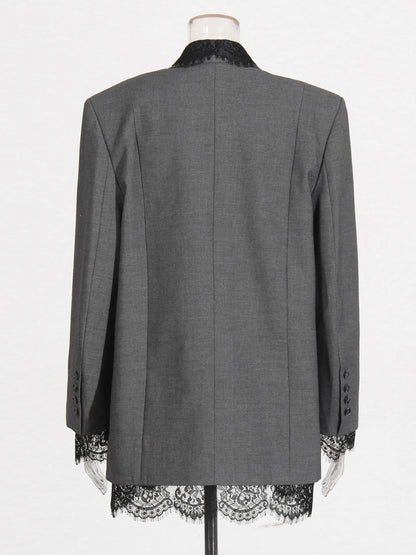 Gray Blazer with Black Lace Trim Detailing