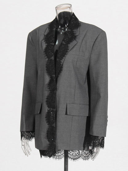 Gray Blazer with Black Lace Trim Detailing