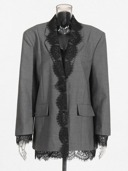 Gray Blazer with Black Lace Trim Detailing