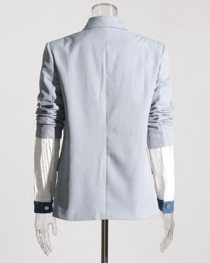 Gray Blazer with Denim Contrast Accents