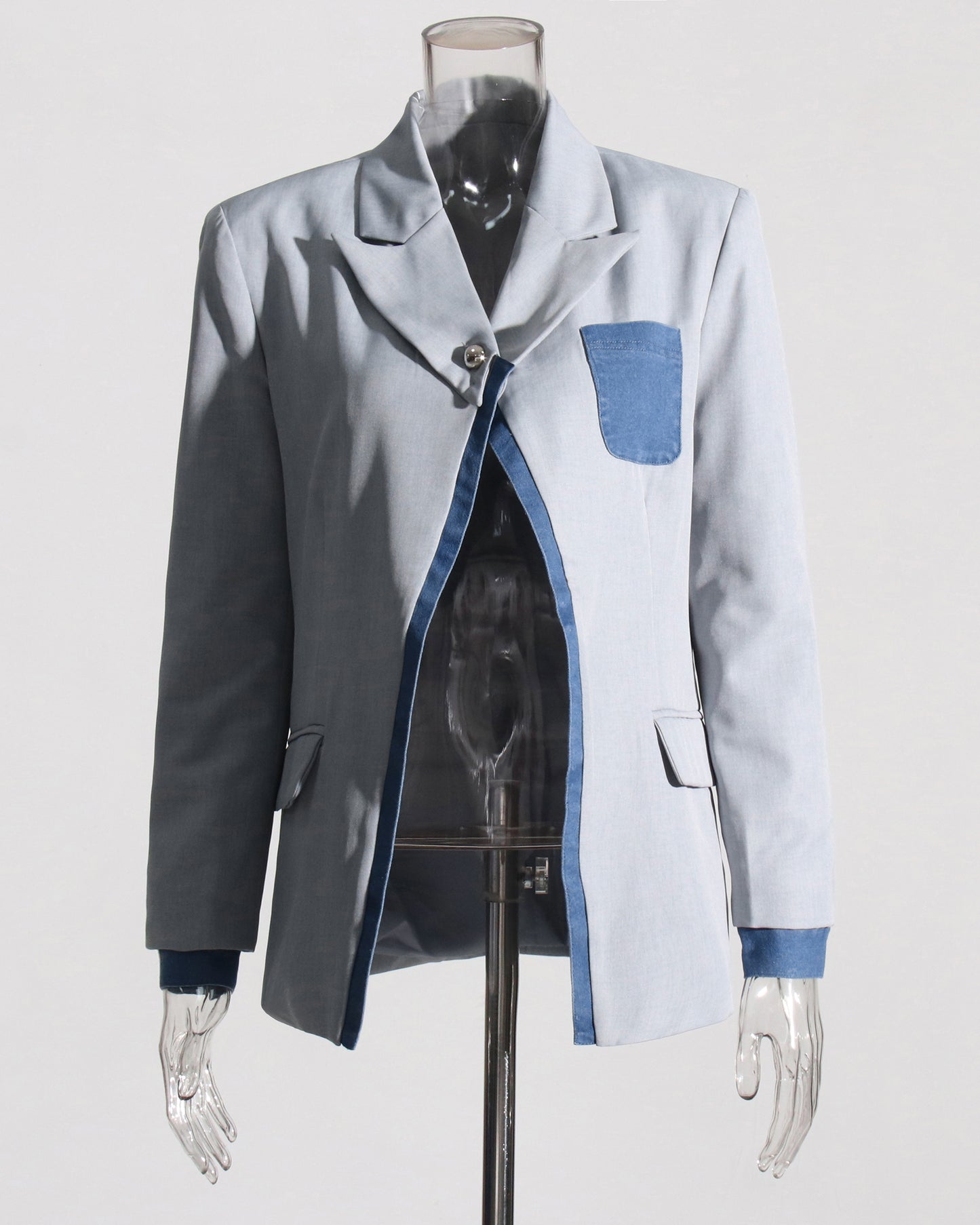 Gray Blazer with Denim Contrast Accents