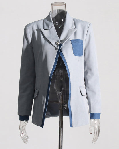 Gray Blazer with Denim Contrast Accents