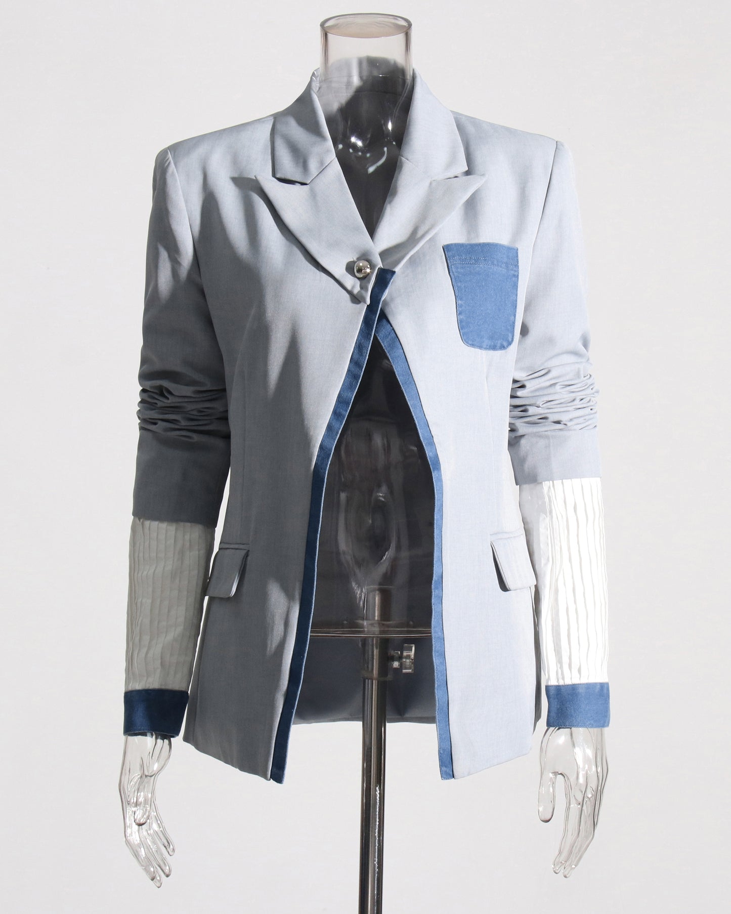 Gray Blazer with Denim Contrast Accents