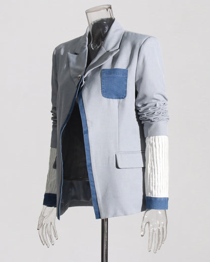 Gray Blazer with Denim Contrast Accents