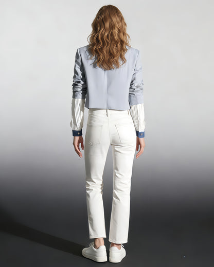 Gray Blazer with Denim Contrast Accents