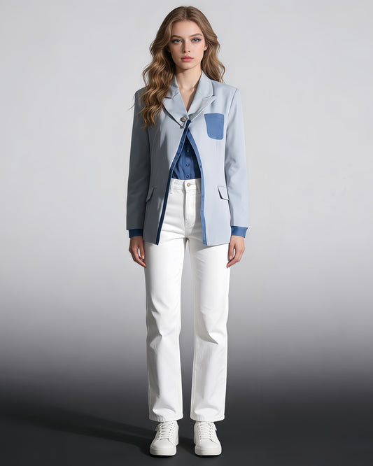 Gray Blazer with Denim Contrast Accents