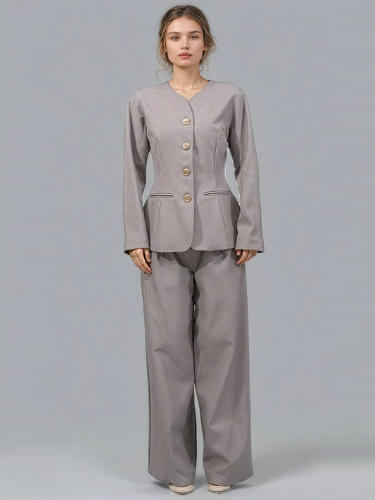 Gray Button-Front Blazer & Wide-Leg Pants Set