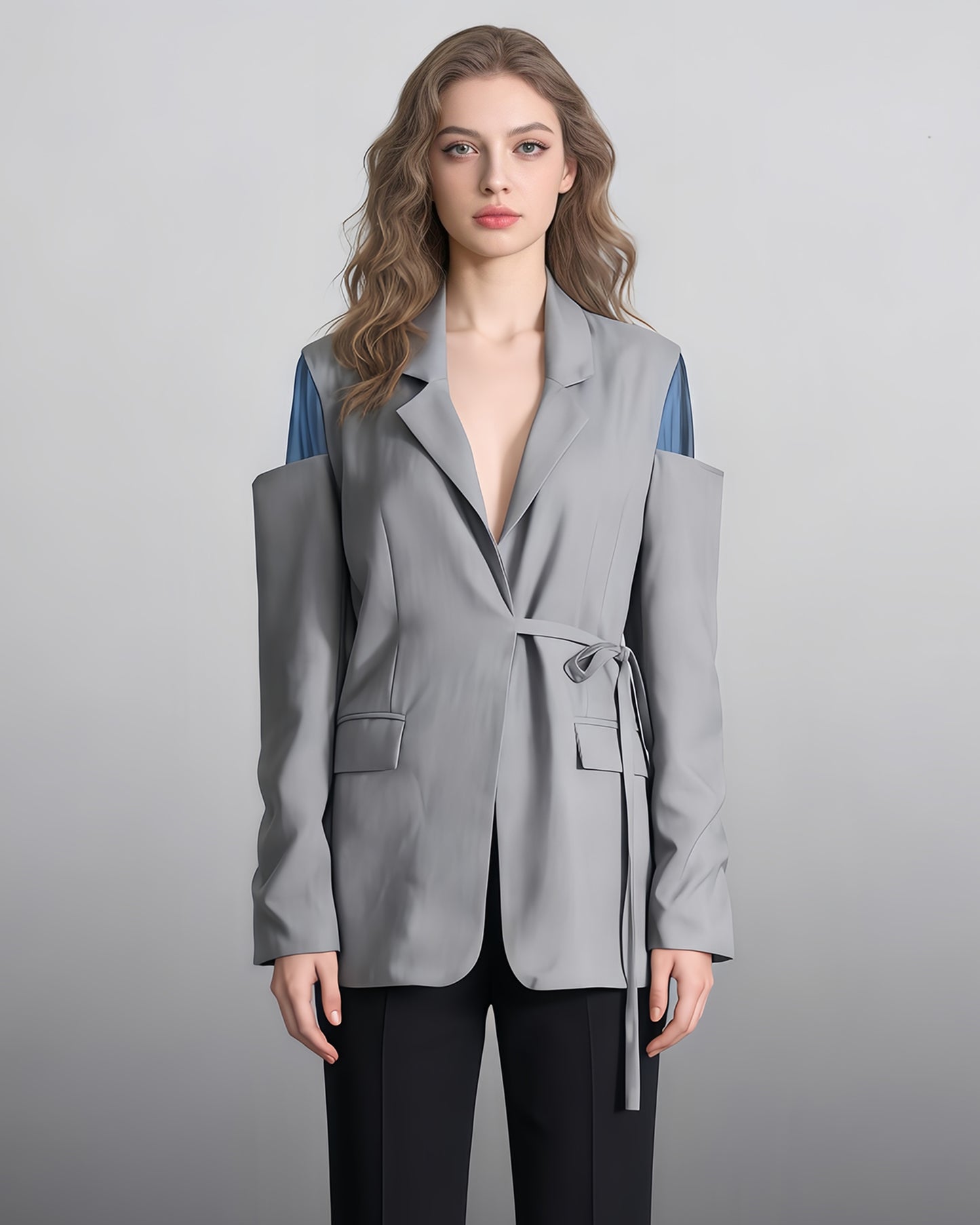 Gray Cutout Blazer with Tie Waist & Blue Accents