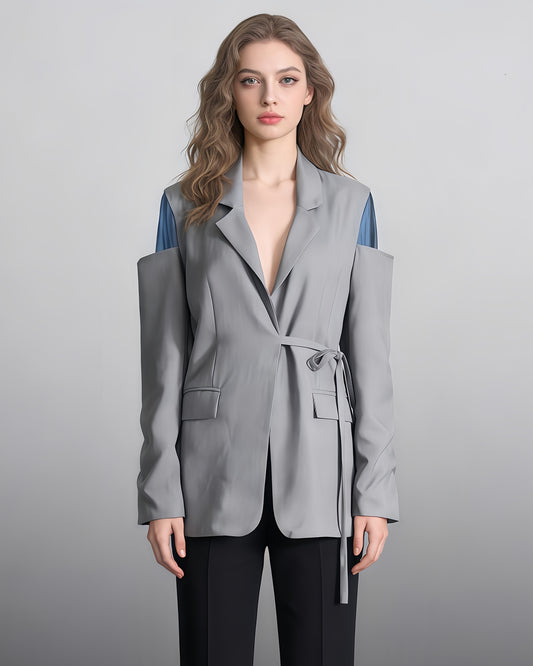 Gray Cutout Blazer with Tie Waist & Blue Accents