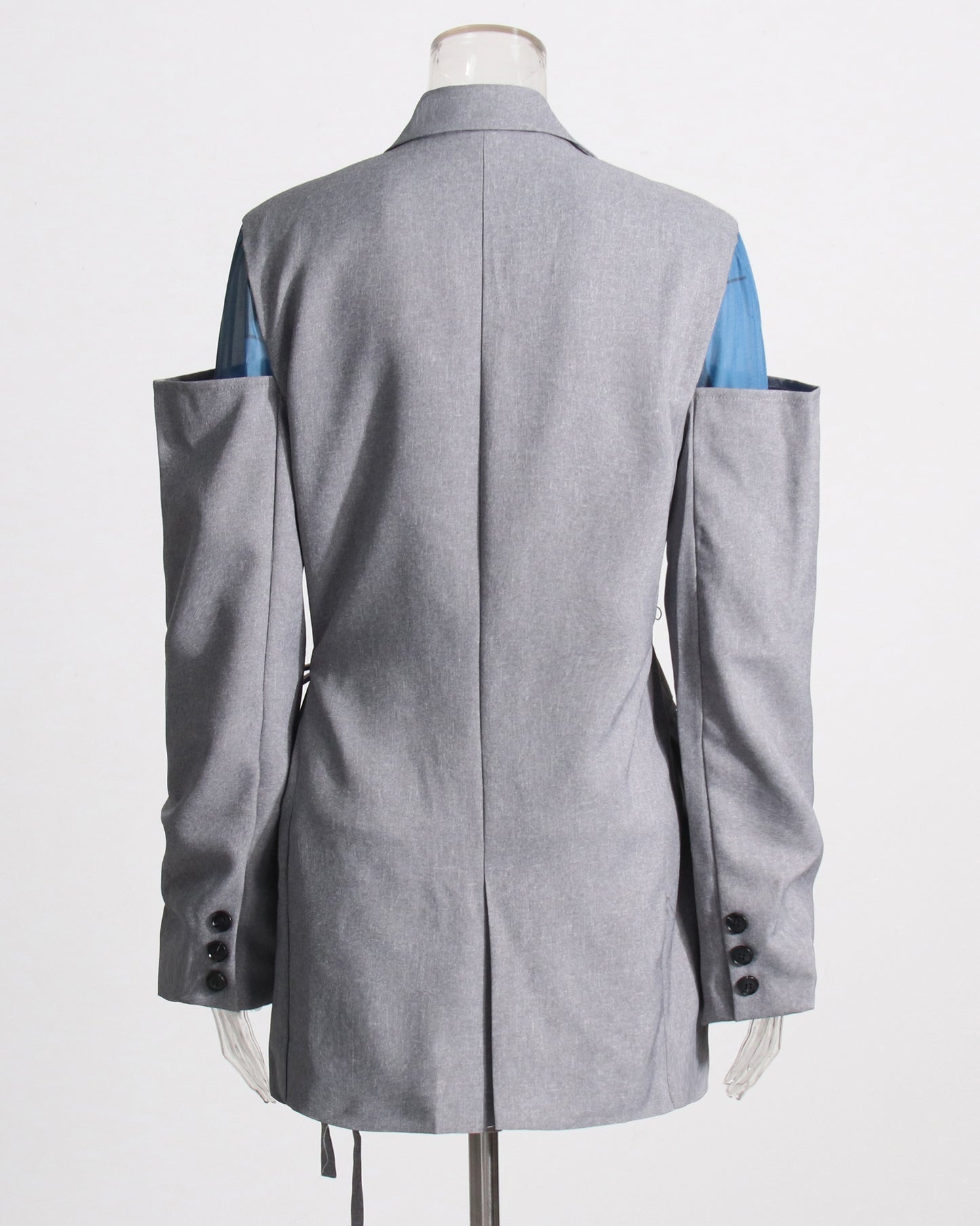 Gray Cutout Blazer with Tie Waist & Blue Accents