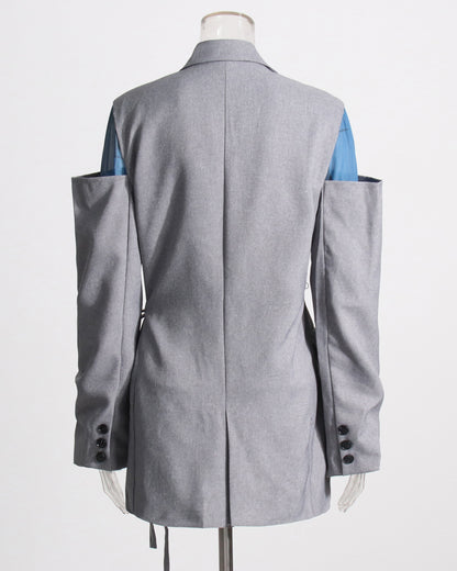 Gray Cutout Blazer with Tie Waist & Blue Accents