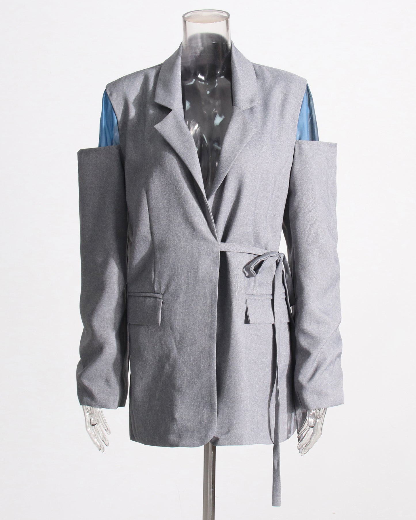 Gray Cutout Blazer with Tie Waist & Blue Accents