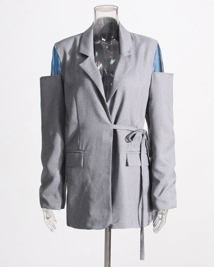 Gray Cutout Blazer with Tie Waist & Blue Accents