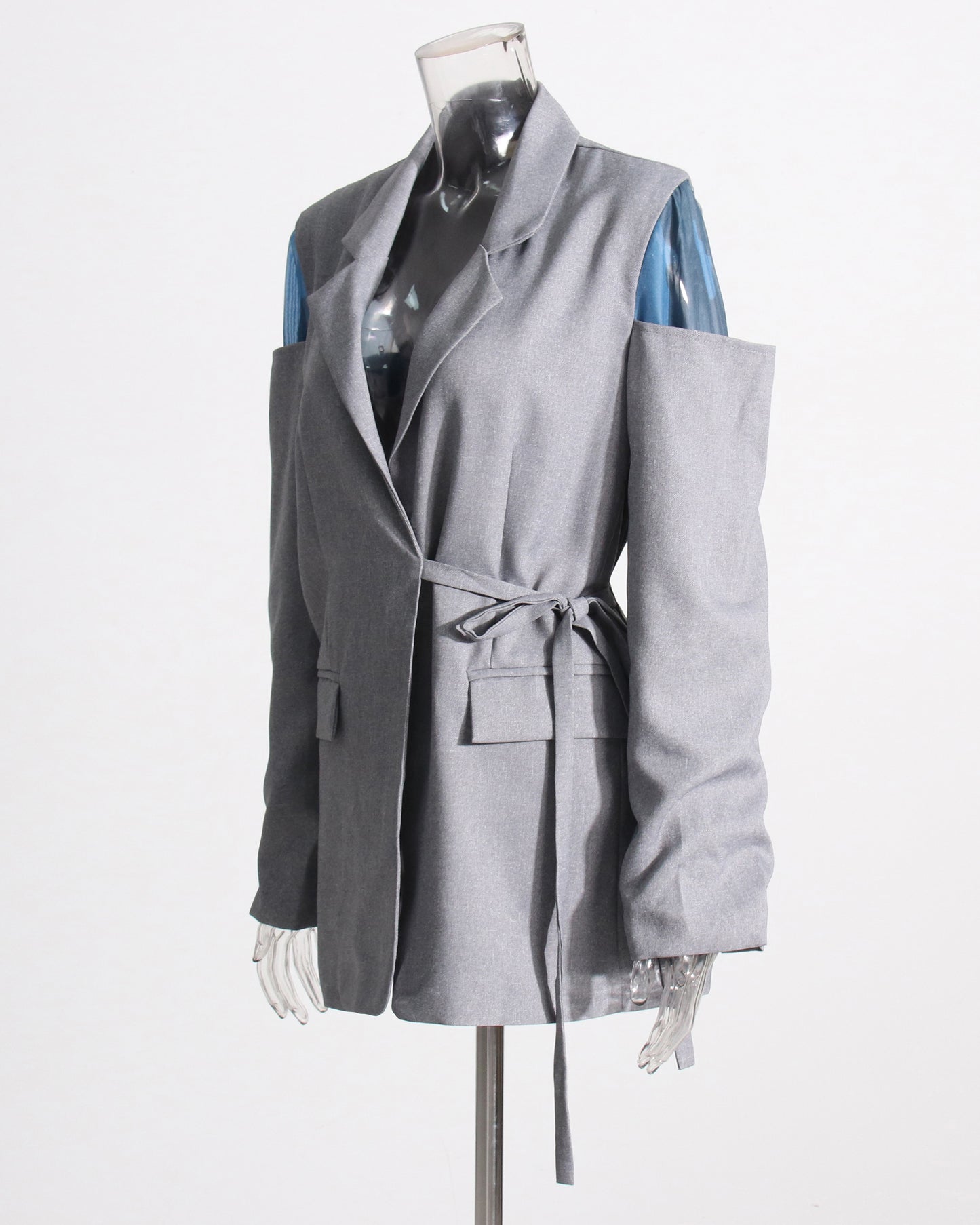 Gray Cutout Blazer with Tie Waist & Blue Accents