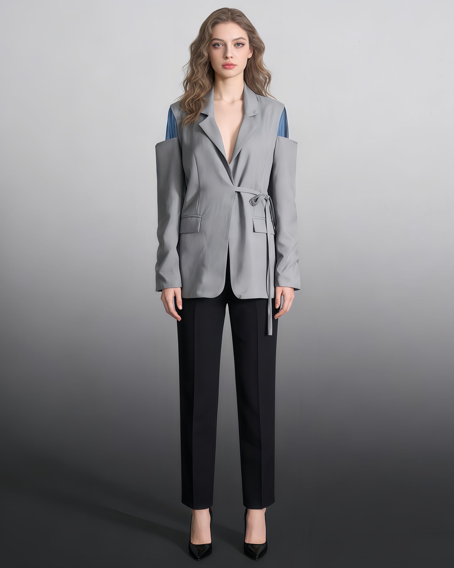 Gray Cutout Blazer with Tie Waist & Blue Accents
