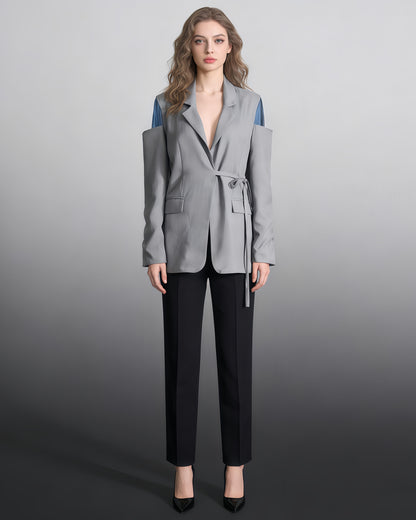 Gray Cutout Blazer with Tie Waist & Blue Accents