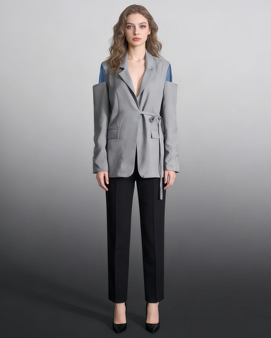 Gray Cutout Blazer with Tie Waist & Blue Accents