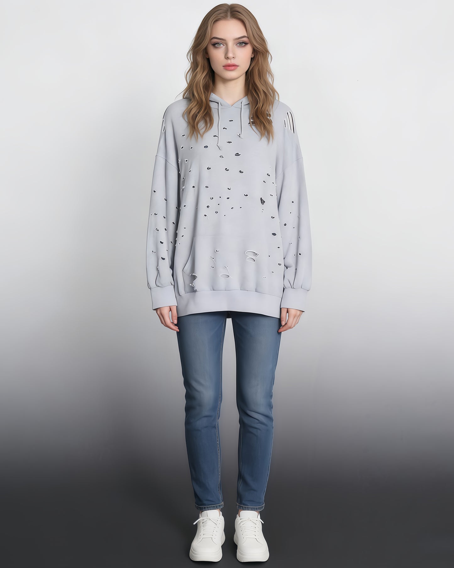 Gray Distressed Oversized Hoodie