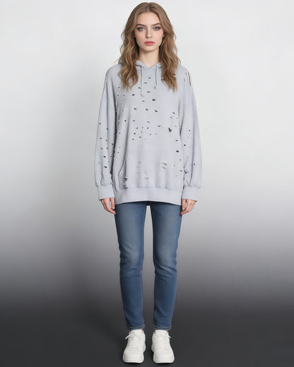 Gray Distressed Oversized Hoodie