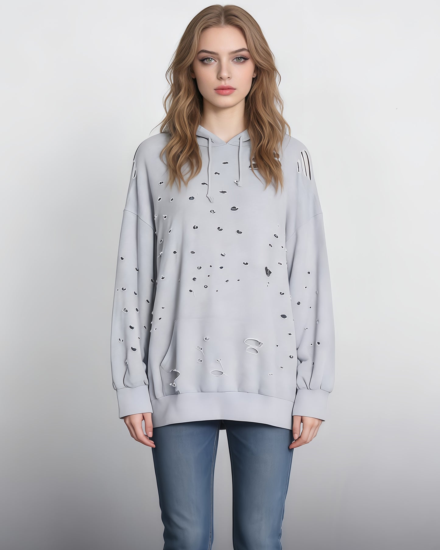 Gray Distressed Oversized Hoodie
