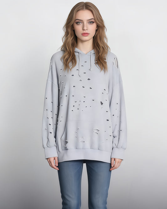 Gray Distressed Oversized Hoodie