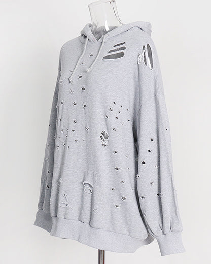Gray Distressed Oversized Hoodie