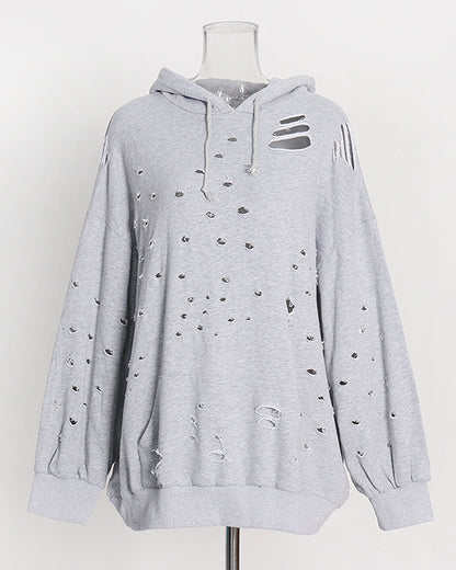Gray Distressed Oversized Hoodie