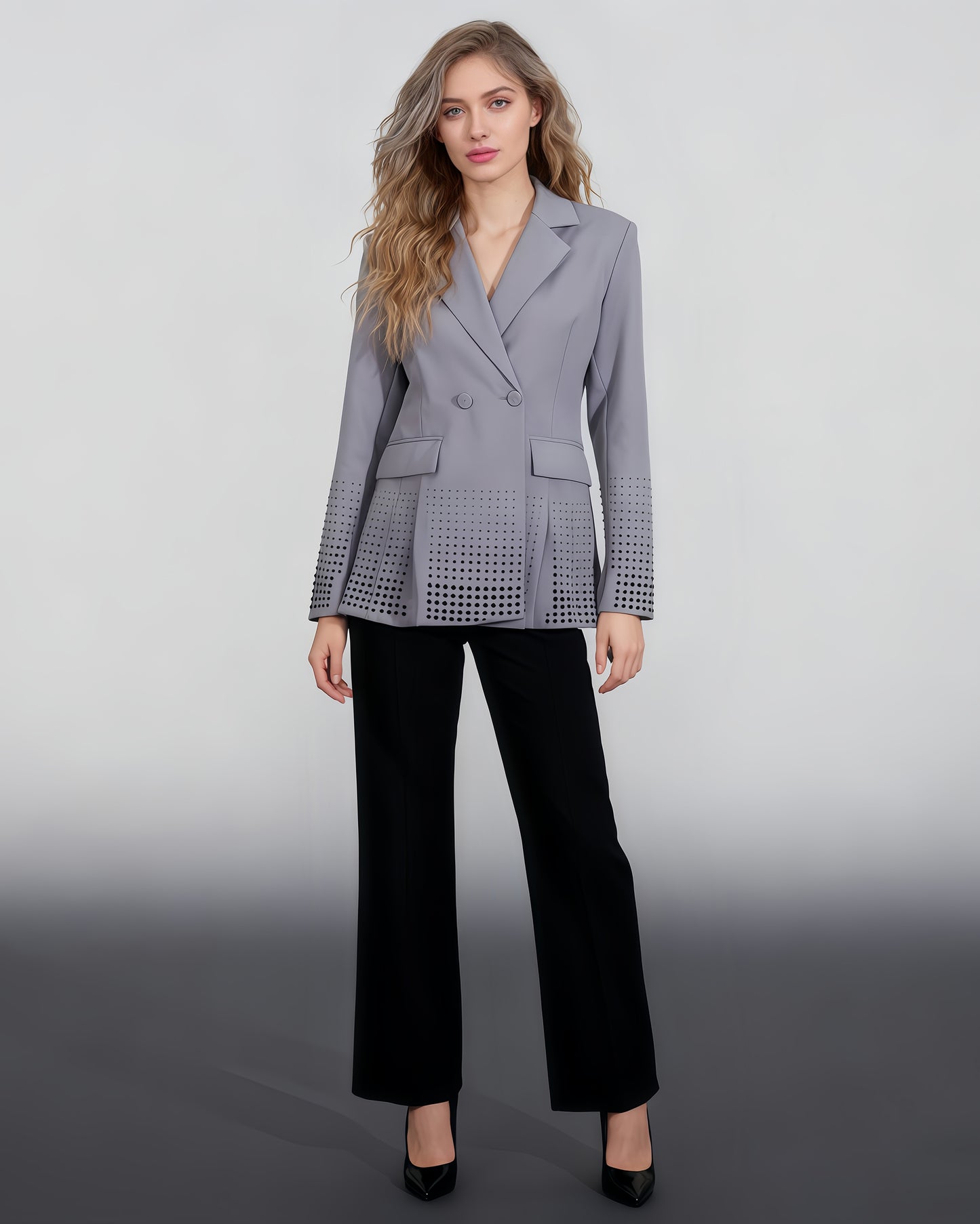 Gray Double-Breasted Blazer with Dot Embellishments