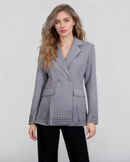 Gray Double-Breasted Blazer with Dot Embellishments