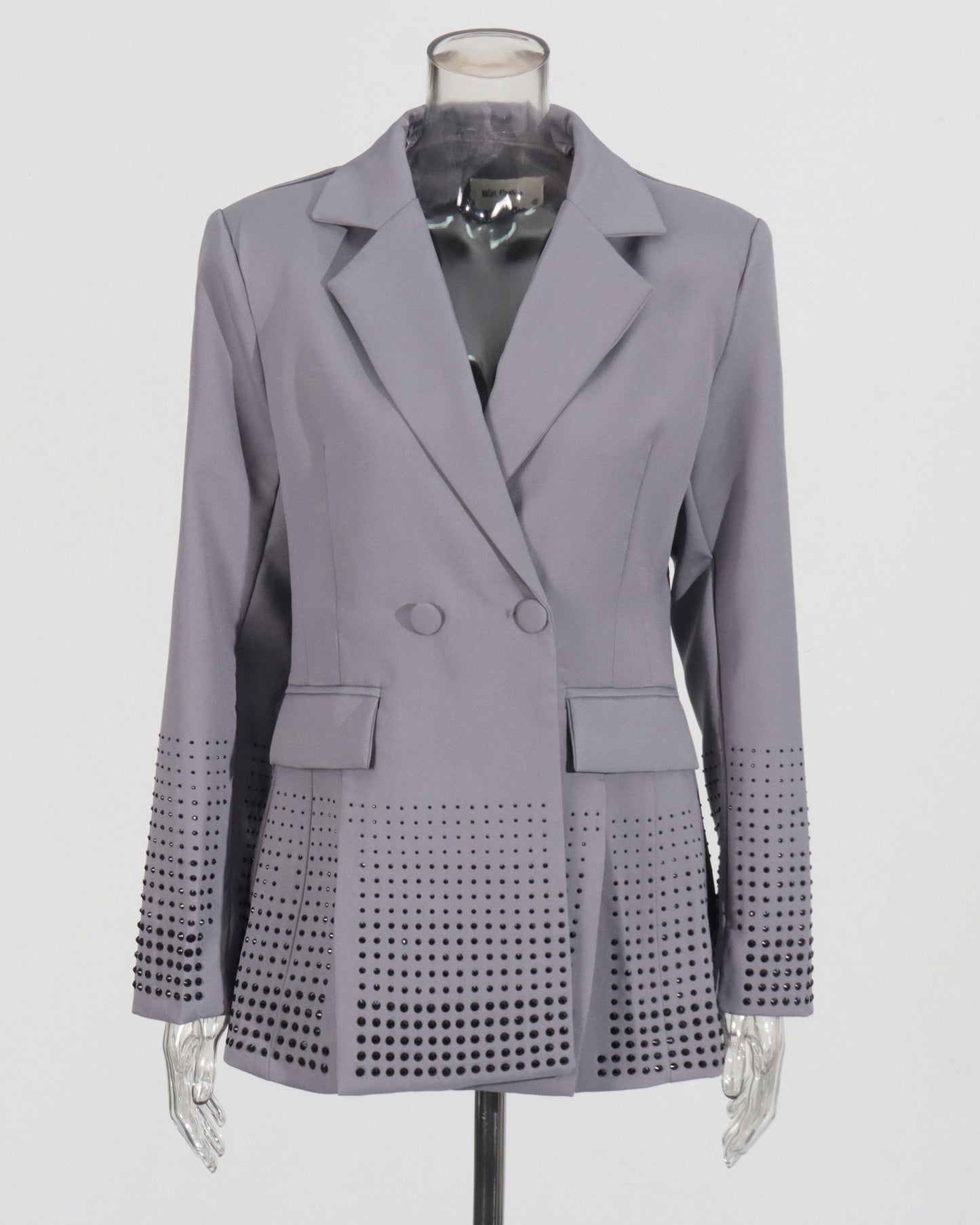 Gray Double-Breasted Blazer with Dot Embellishments